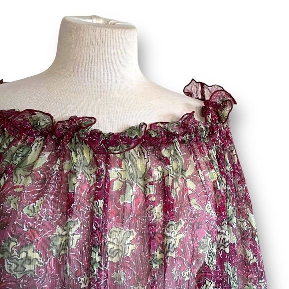Peruvian Connection Womens Blouse Sz M Sheer Floral 100% Silk Chiffon Boho Top - Picture 5 of 8